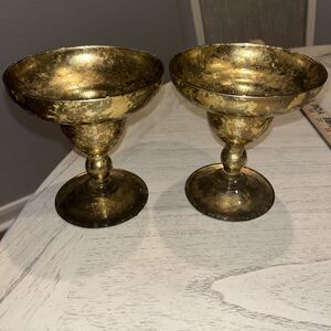 Set of Two Elegant Leslie Roy Glass Cocktail Goblets Marbled Gold - Signed